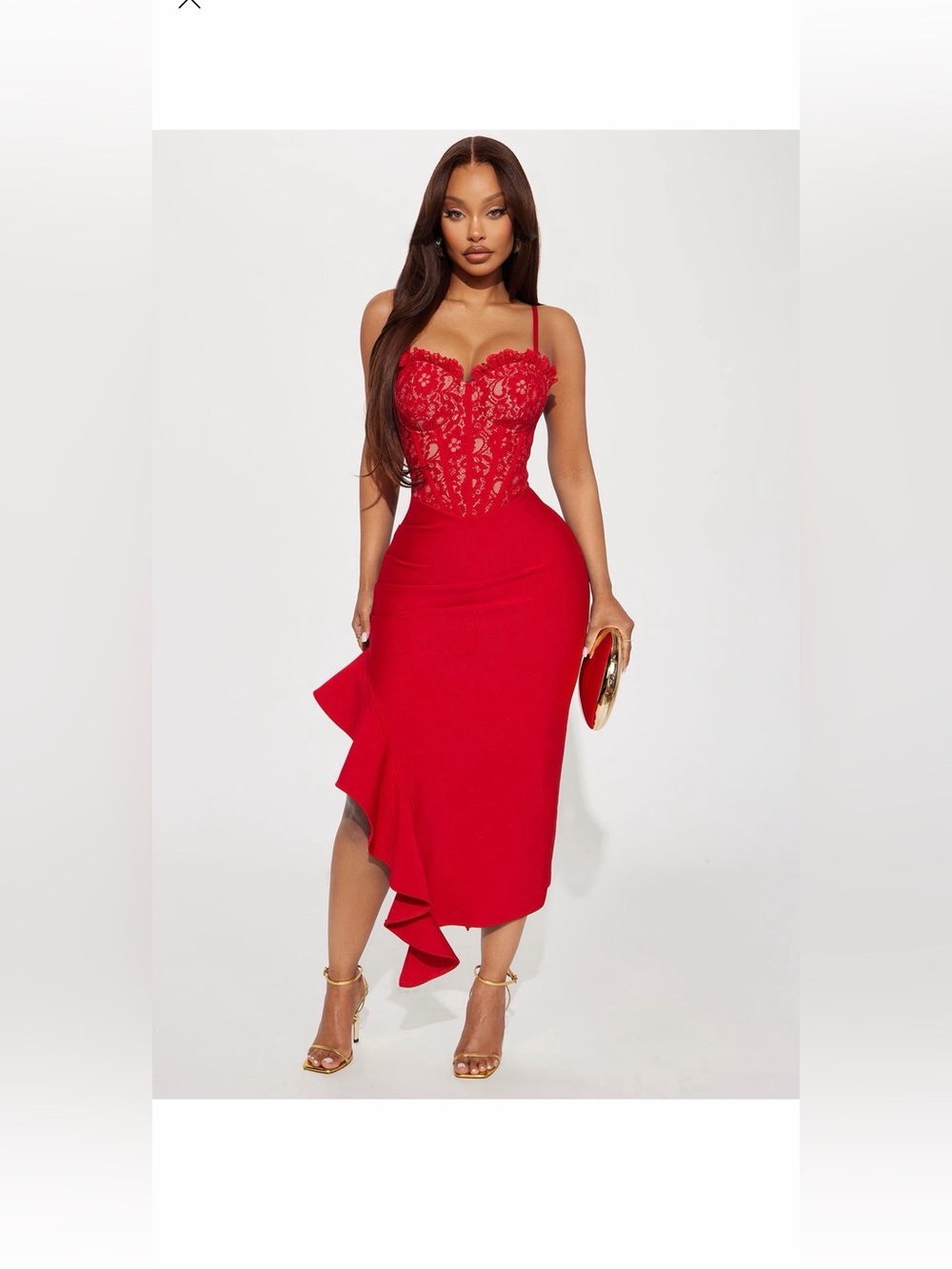 Fashion Nova Red One-Shoulder Lace Bodice Midi Dress